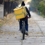 courier, delivery man, delivery service, riding a bicycle, autumn, urban, delivery, nature, bicyclist, box, transport, leaves